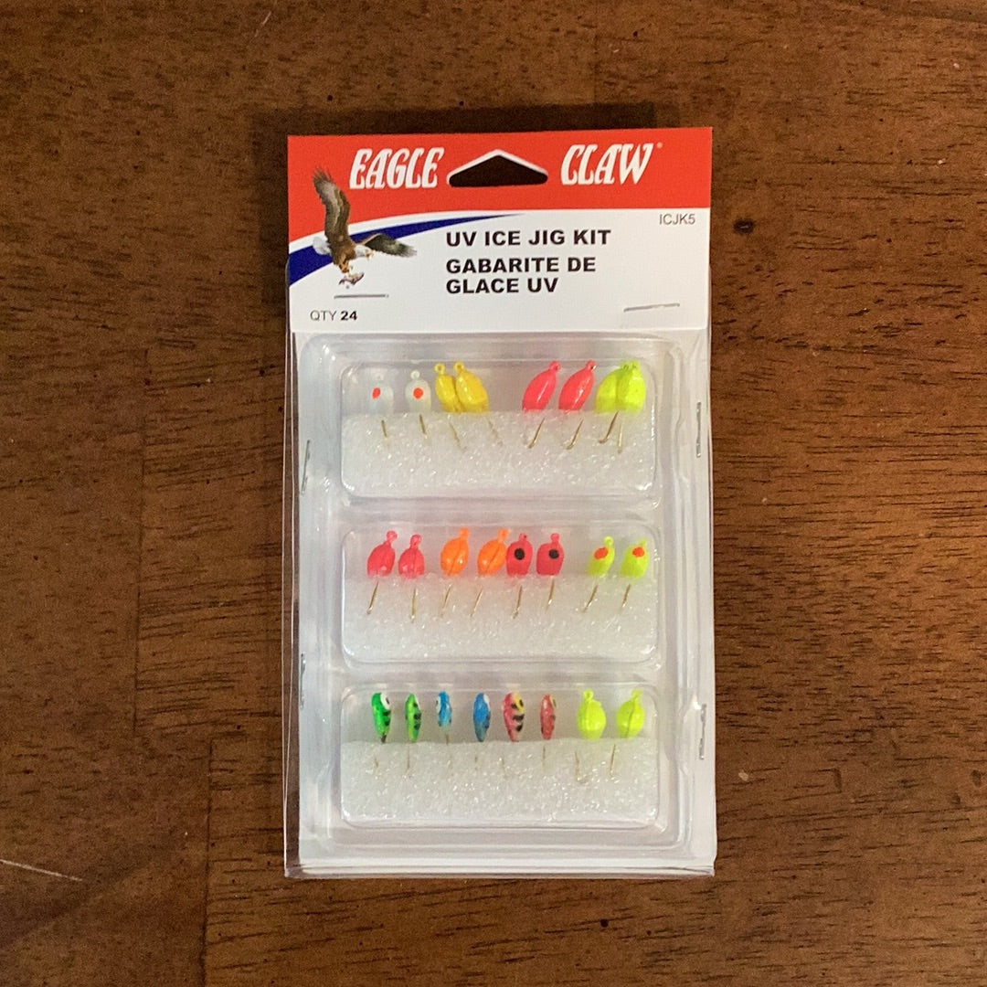 assorted ice fishing lures Eagle Claw UV Ice Jig Kit