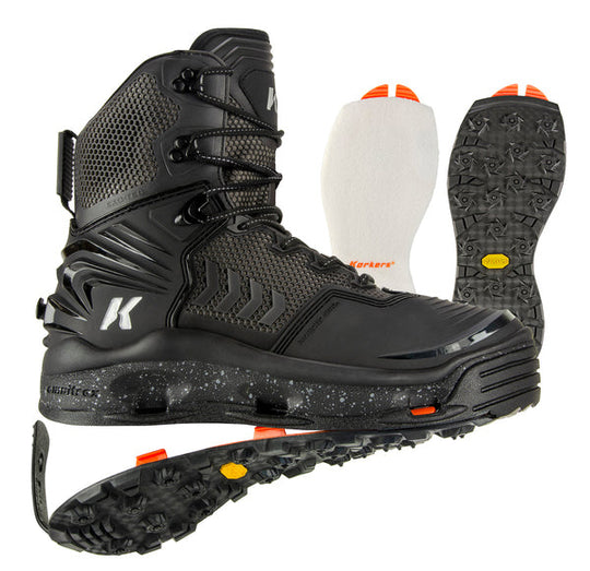 Korkers River Ops wading boot with Felt/Vibram Soles - Durable, stable, and comfortable water-specific footwear with customizable traction, traditional lace closure, and fast drying capabilities. Enhanced EVA midsole and ankle wrap padding for added comfort and support. Available in sizes 8-15. 2-year extended warranty.