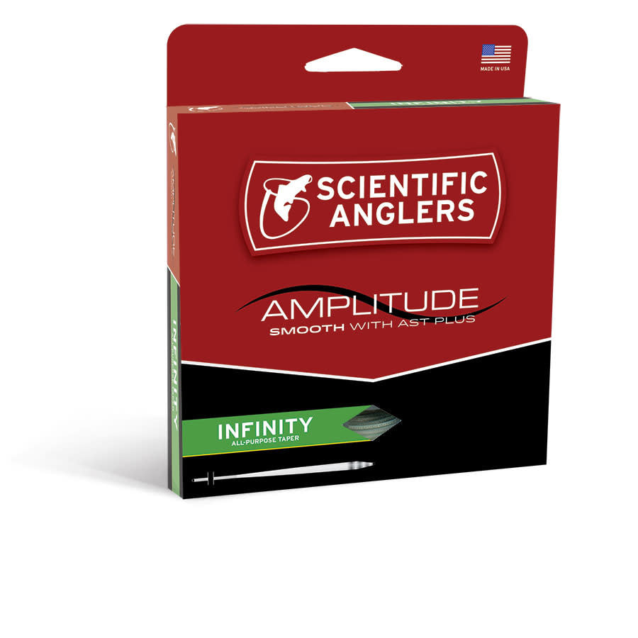 SA Amplitude Smooth Infinity WF-5-F fly line with AST Plus slickness additive, versatile taper for freshwater species, long head for distance casting and mending, ideal for dry flies, nymphs, and streamers, available in standard and camo colors, suitable for moderate and cold climates, braided multifilament core