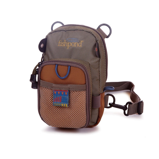 Fishpond San Juan Vertical chest pack -Sand/Saddle Brown - Low-profile design, secure fly box storage, accessory attachment - 180 cu. in.