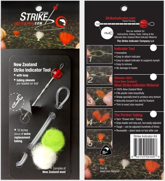 New Zealand Strike Indicator Kit - The ultimate strike indicator system tested and approved by New Zealand professional guides. Includes tool, tubing sleeves, replacement tubing, wool sample, and instruction card.